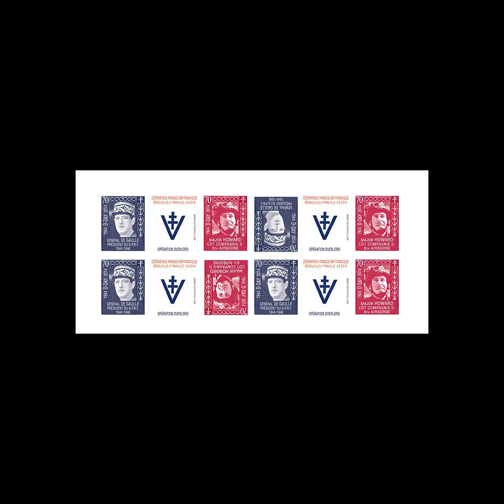 DEB14-22FND : 2014 - Feuillet 12 vignettes ND "70 ans D-DAY / DE GAULLE & Major HOWARD"