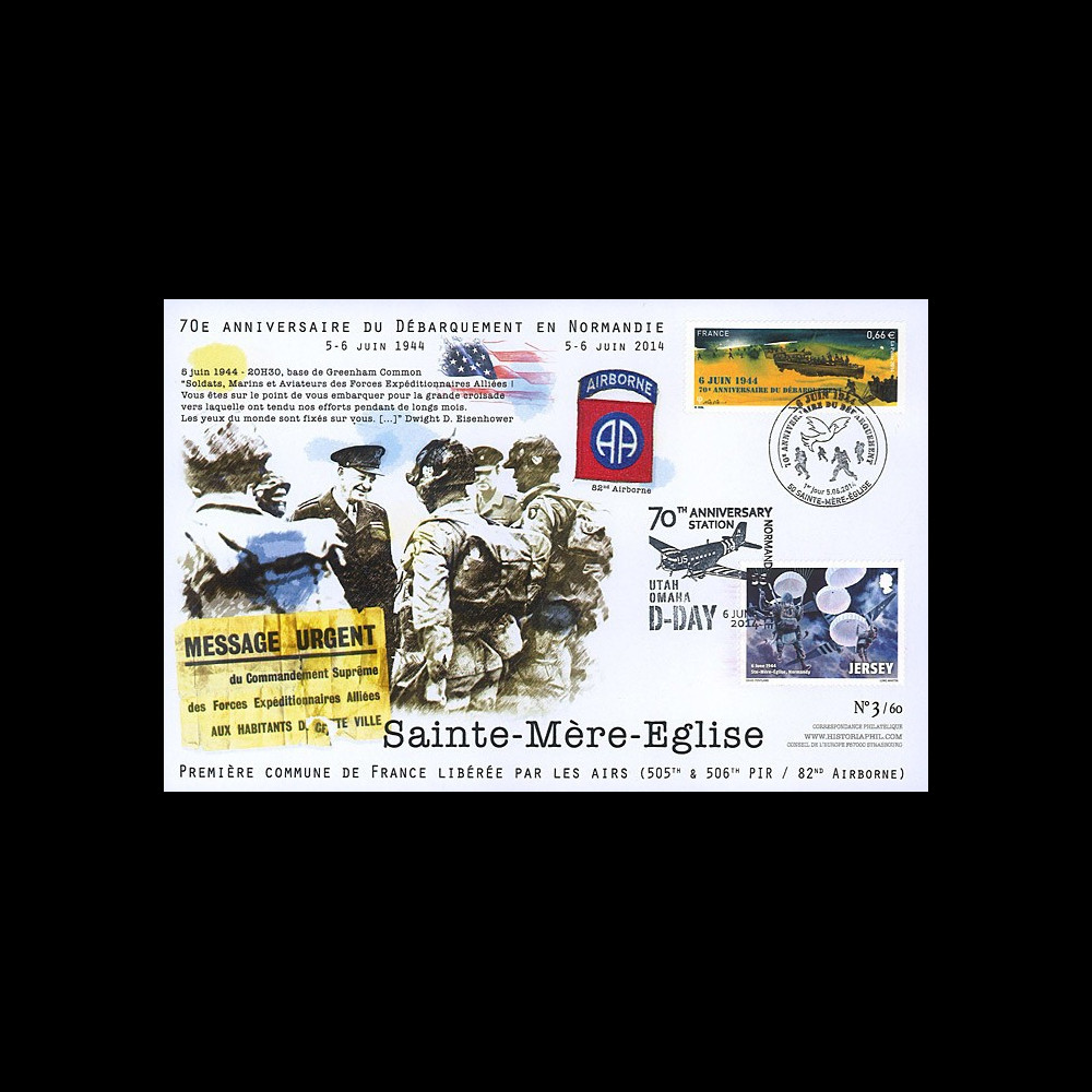 DEB14-15 : 2014 - Maxi FDC FRANCE - JERSEY "70 ans D-DAY / 82nd Airborne