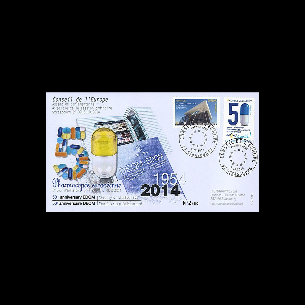 CE65-PJ : 10-2014 - FDC Conseil de l'Europe "1er Jour Timbres service - 50 ans DEQM"