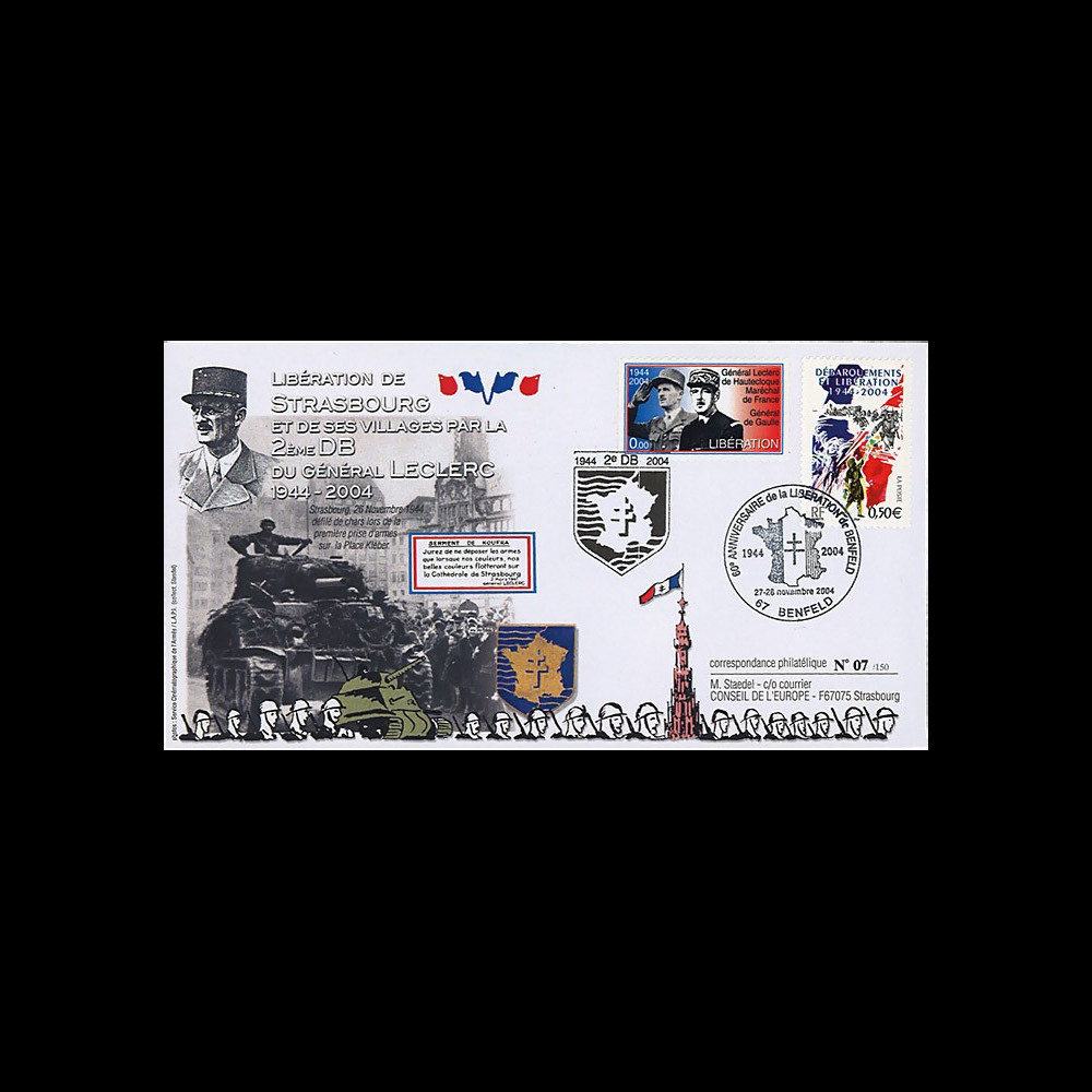 LIB04-S2 : 2004 - FDC "60 ans Libération de Strasbourg par la 2e DB - Leclerc" Benfeld