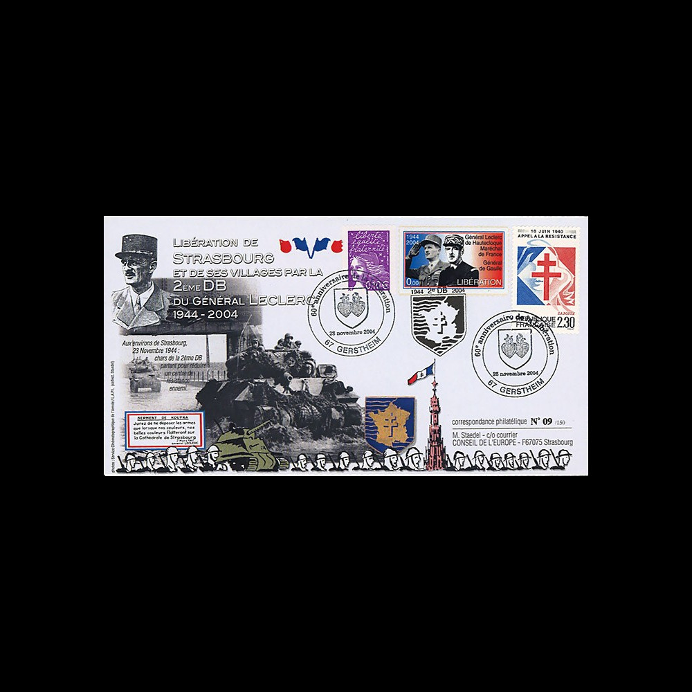 LIB04-S3 : 2004 - FDC "60 ans Libération de Strasbourg par la 2e DB - Leclerc" Gerstheim
