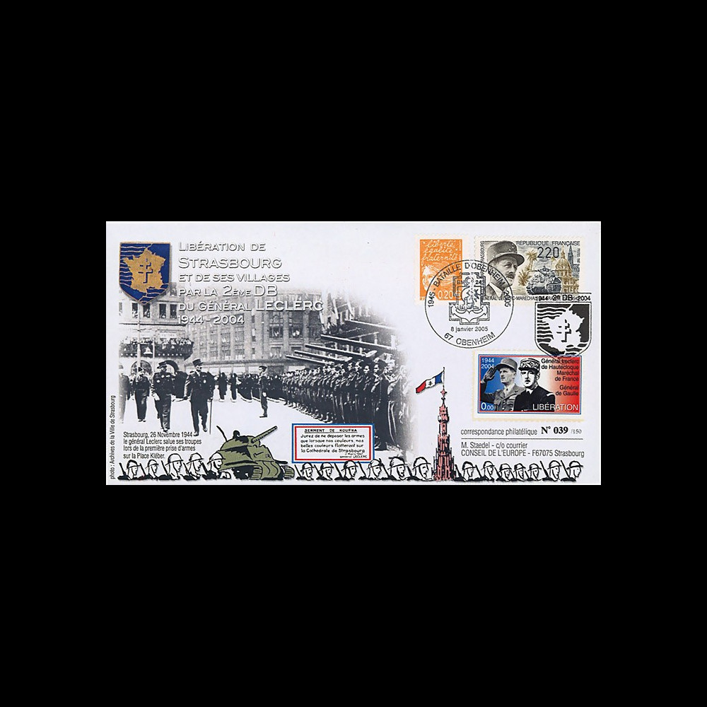 LIB04-S4 : 2004 - FDC "60 ans Libération de Strasbourg par la 2e DB - Leclerc" Obenheim