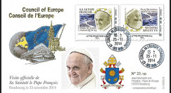 CE65V-1V : 11-2014 - FDC Conseil Europe VARIETE "Visite officielle de S.S. le Pape François"