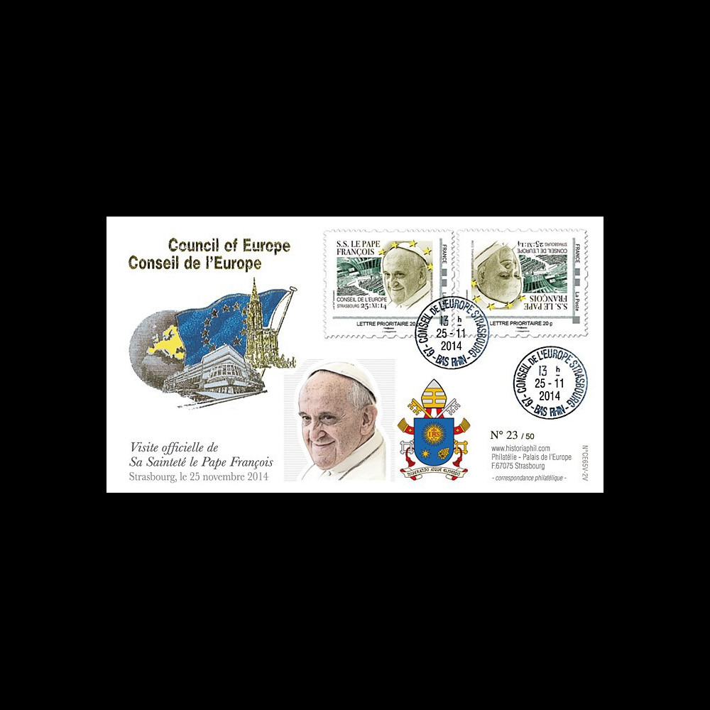 CE65V-2V : 11-2014 - FDC Conseil Europe VARIETE "Visite officielle de S.S. le Pape François"
