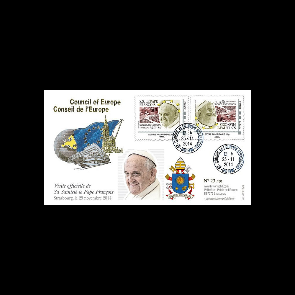 CE65V-3V : 11-2014 - FDC Conseil Europe VARIETE "Visite officielle de S.S. le Pape François"