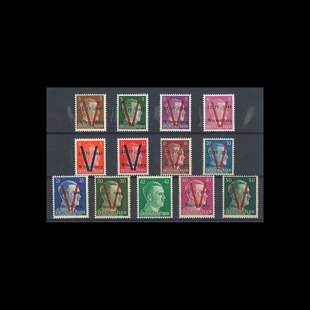 LIB-W1-12V : 1945 - Série 12 val. Libération (type Hitler surchargée V 22.IV.1945 Württemberg)