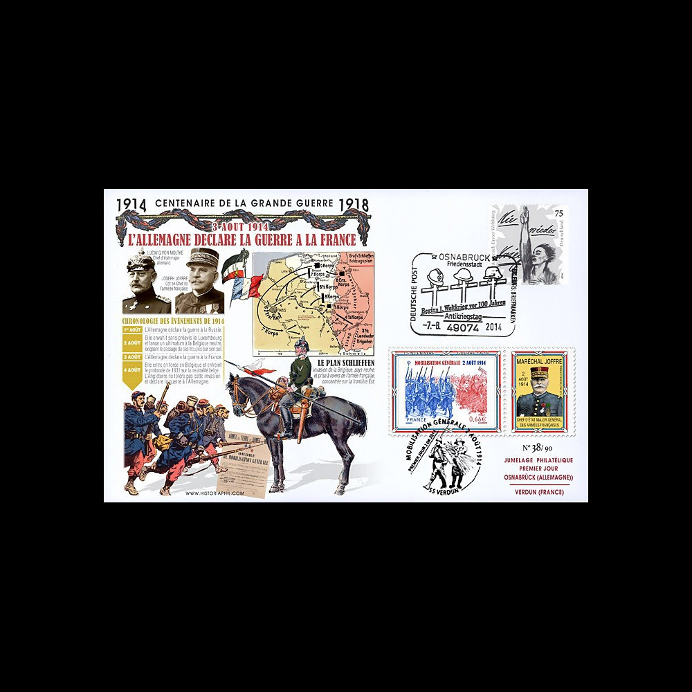 CENT14-04 : 2014 Maxi-FDC France-Allemagne "Centenaire 14-18 / Déclaration de Guerre" CENT14-04 : 2014 Maxi-FDC France-Allemagne "Centenaire 14-18 / Déclaration de Guerre"