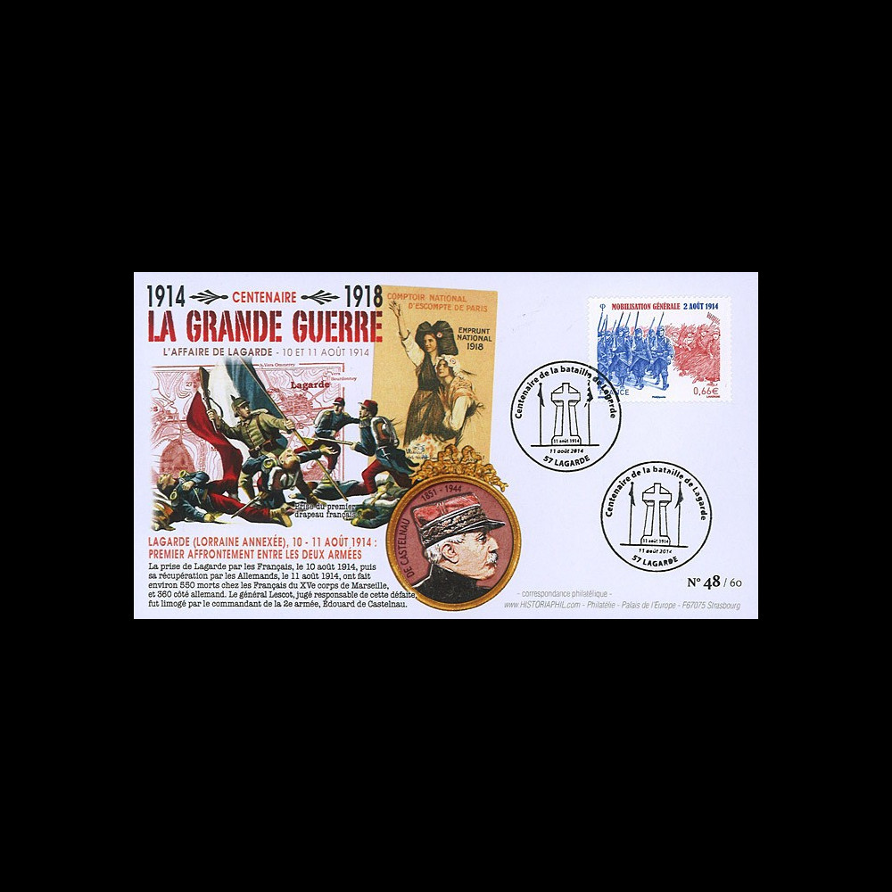 CENT14-13 : FDC FRANCE "100 ans Grande Guerre - Bataille de LAGARDE / DE CASTELNAU"