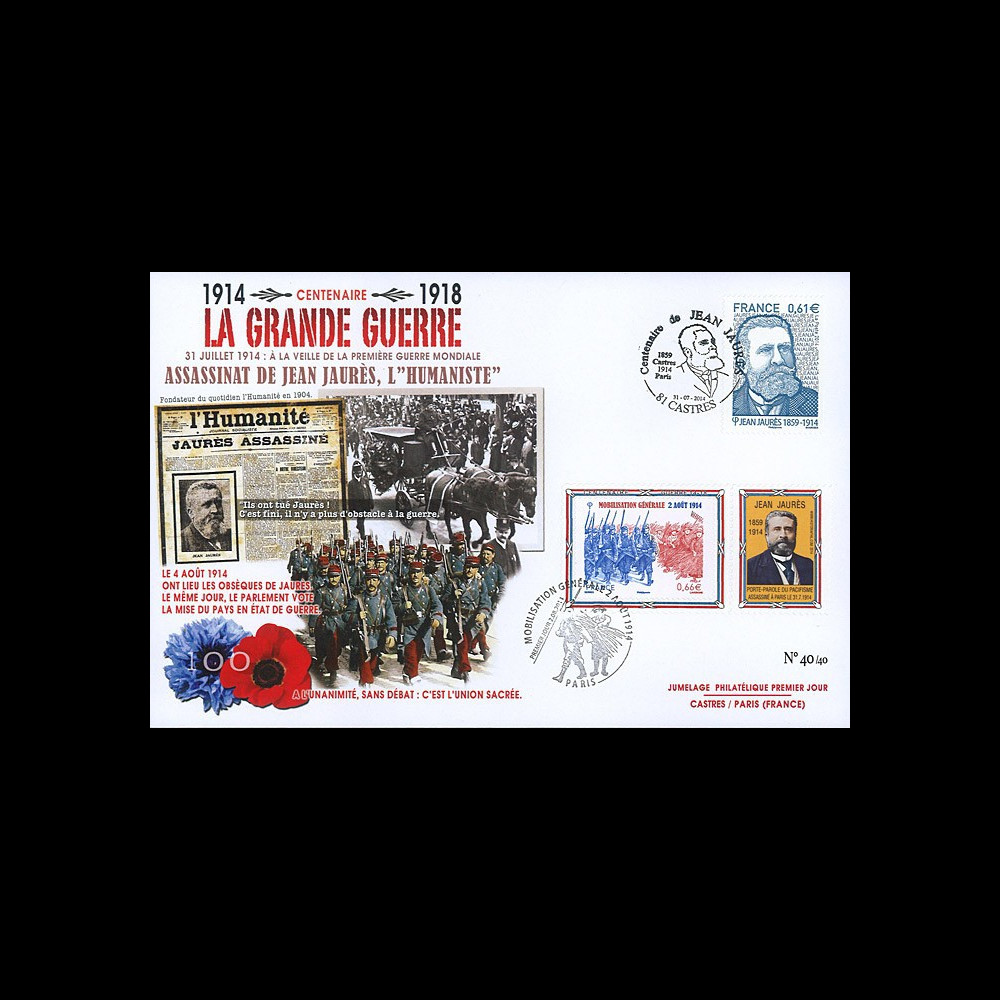 CENT14-18 : Maxi FDC FRANCE "100 ans Grande Guerre - Assassinat de Jean JAURES"