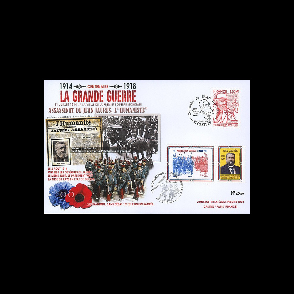 CENT14-19 : 2014 - Maxi FDC FRANCE "100 ans Grande Guerre - Assassinat de Jean JAURES"