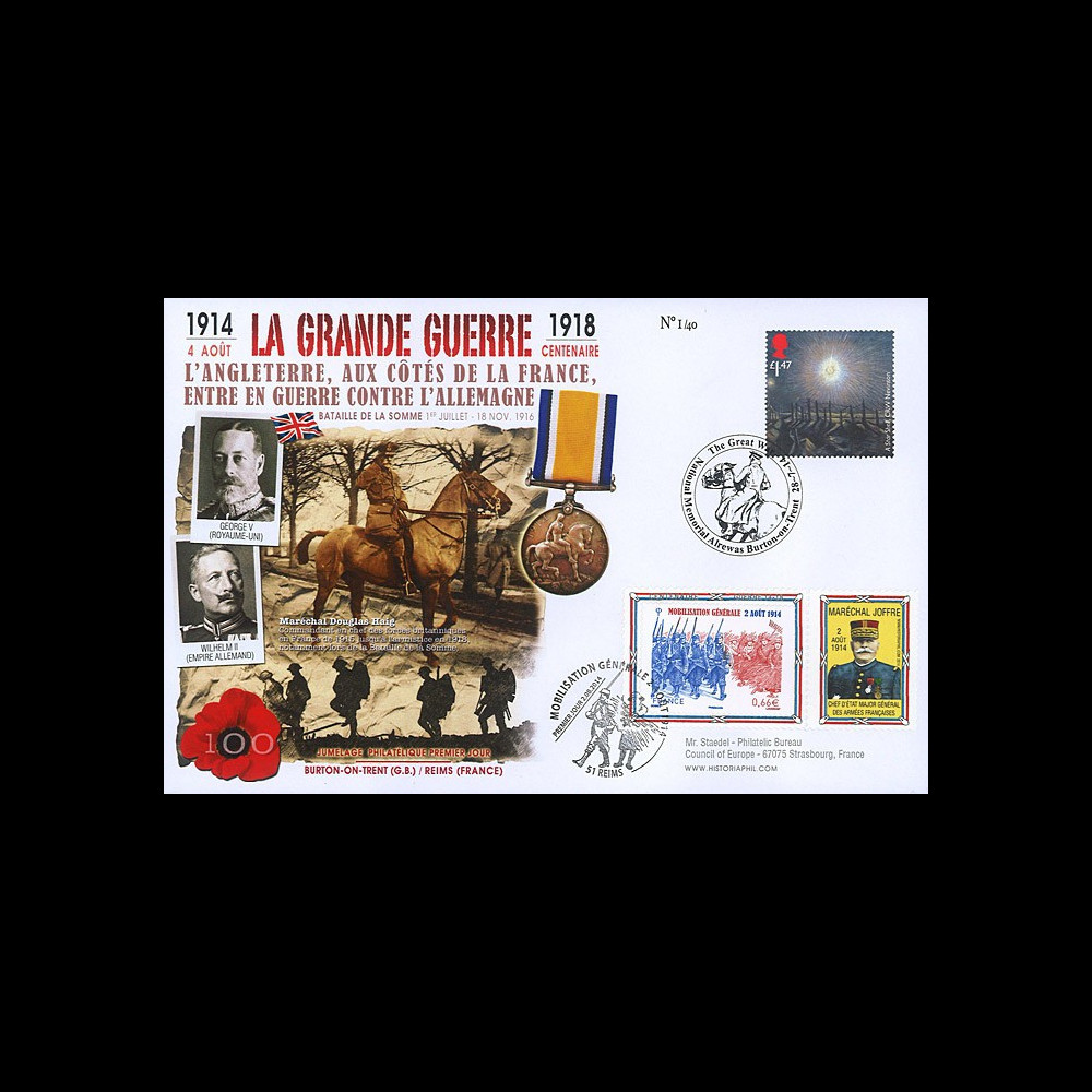 CENT14-08 : Maxi FDC ROYAUME-UNI - FRANCE "100 ans Grande Guerre - Bataille Somme"