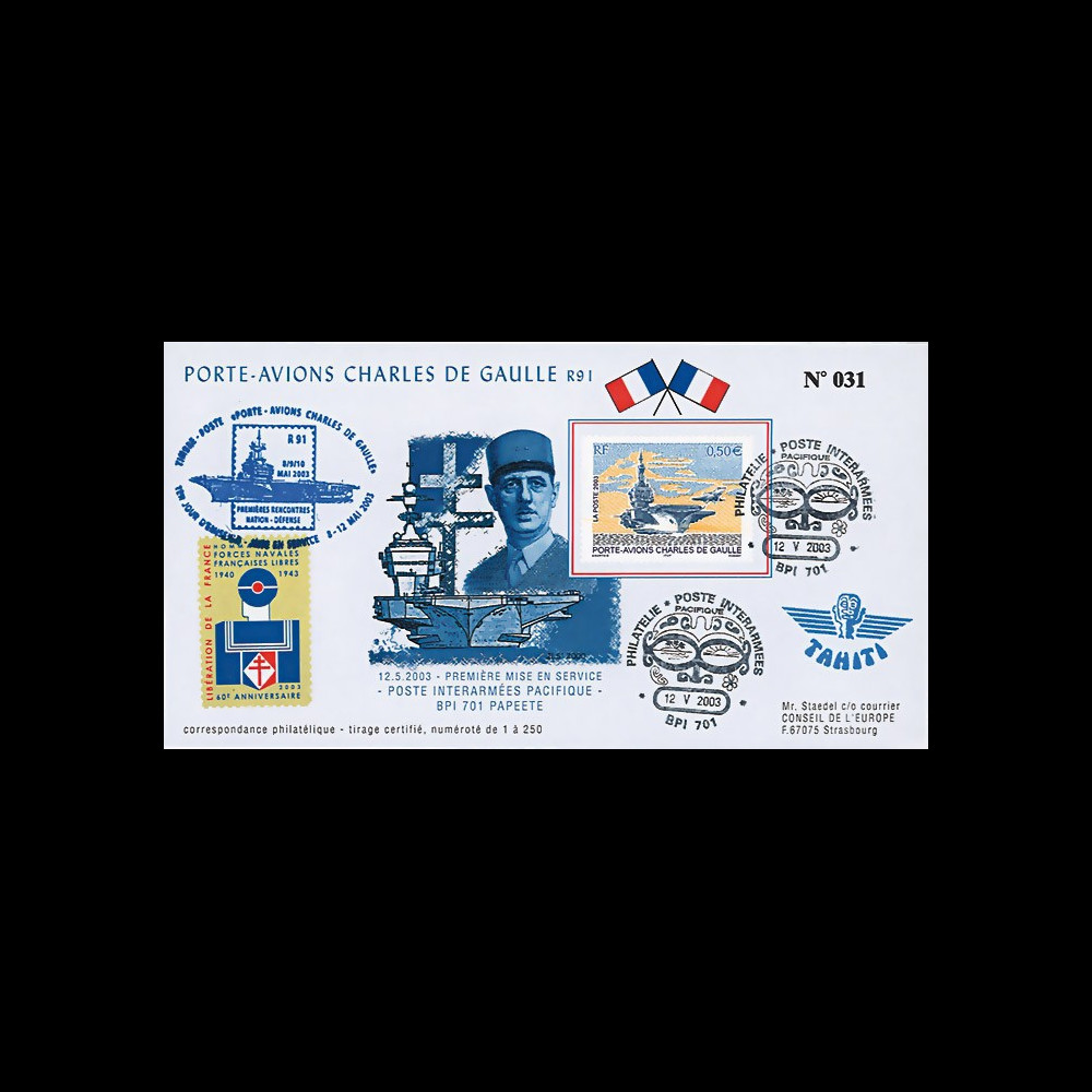 PADG03T5 : 2003 - FDC "1er Jour TP Porte-avions de Gaulle" Papeete