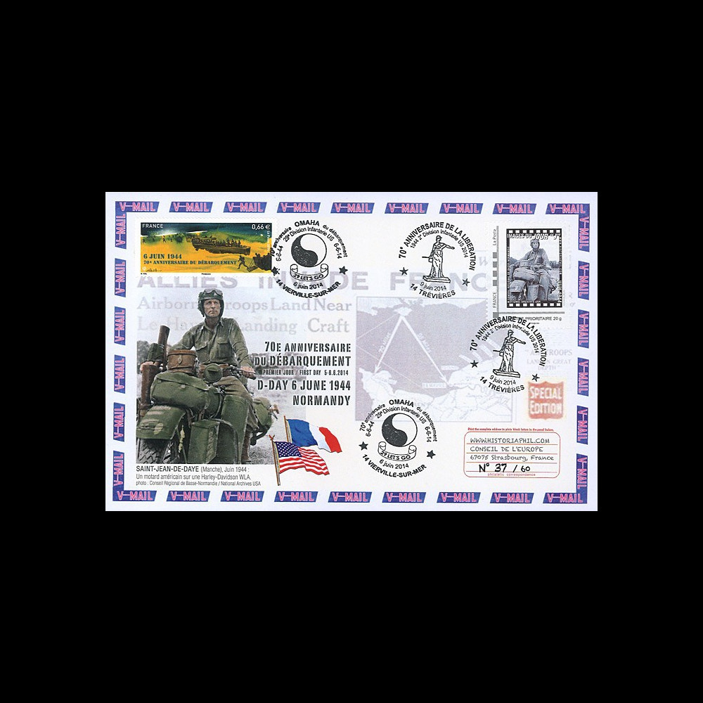 DEB14-30 : 2014 - Maxi FDC "70 ans D-DAY - Soldat US sur Harley-Davidson WLA" 2014