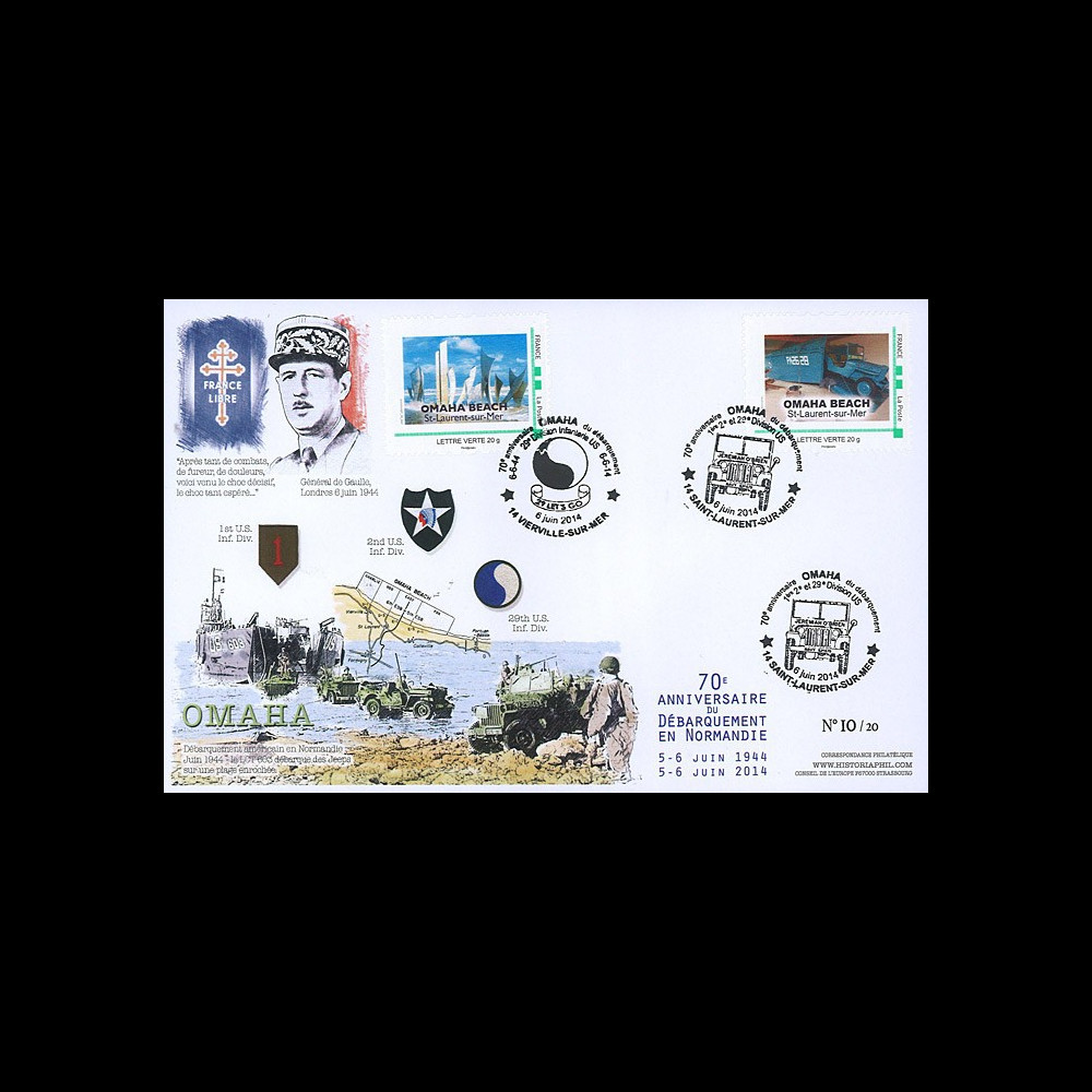 DEB14-26 : 2014 - Maxi FDC "70 ans D-DAY - DE GAULLE / JEEP WILLYS - OMAHA BEACH"