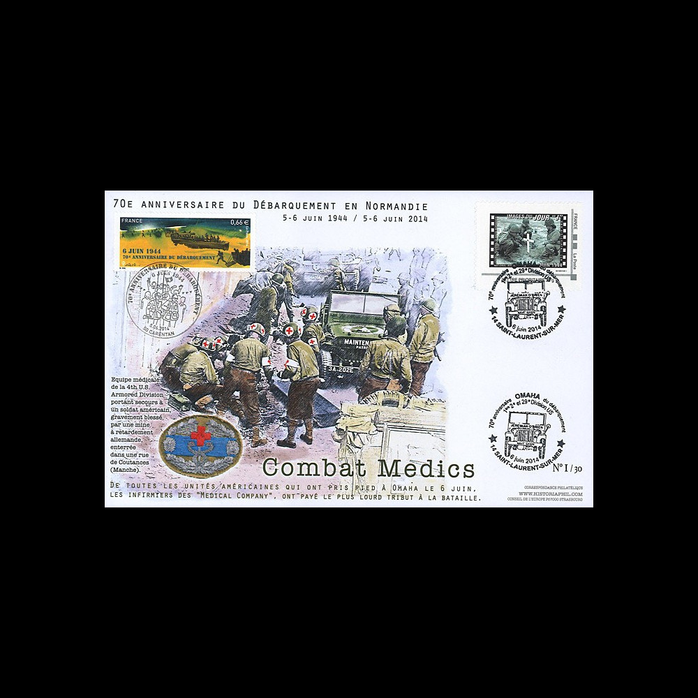 DEB14-32 : 2014 - Maxi FDC "70 ans D-DAY / JEEP WILLYS - Combat des unités médicales"