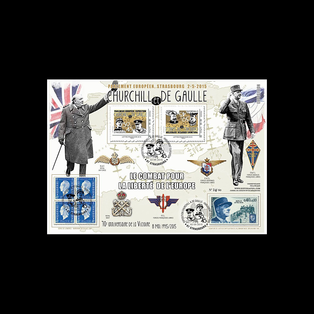 PE675-2V : 2015 - Maxi FDC VARIETE "Expo CHURCHILL & DE GAULLE - 70 ans Victoire"