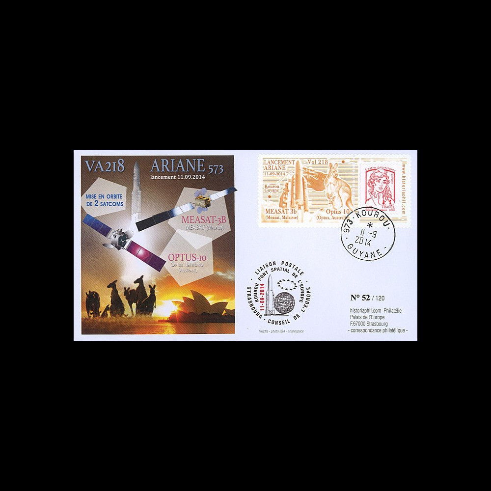 VA218L-T1 : 2014 - FDC KOUROU "Fusée ARIANE 5 - Vol 218 / OPTUS-10 & MEASAT-3B"