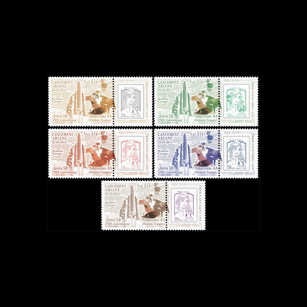 VA216L-PT1/5 : 2014 - Série 5 Marianne "Fusée ARIANE 5 - Vol 216 / AMAZONAS-4A & ASTRA-5B"