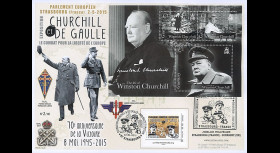 PE678-1GUE : 2015 - Maxi FDC GUERNSEY - FRANCE "70 ans Victoire - DE GAULLE & CHURCHILL"