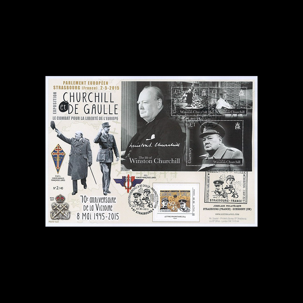 PE678-1GUE : 2015 - Maxi FDC GUERNSEY - FRANCE "70 ans Victoire - DE GAULLE & CHURCHILL"