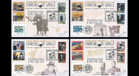 PE679 : 2015 - Série 4 Maxi FDC FRANCE-ÎLE DE MAN "70 ans Victoire DE GAULLE & CHURCHILL"
