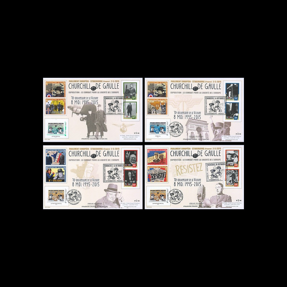 PE679 : 2015 - Série 4 Maxi FDC FRANCE-ÎLE DE MAN "70 ans Victoire DE GAULLE & CHURCHILL"
