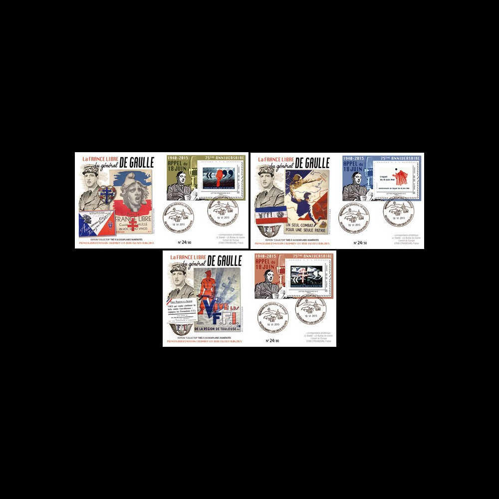 DG15-1/3 : 2015 - 3 FDC "75e anniversaire de l'Appel du 18 juin - de Gaulle" Série N°1