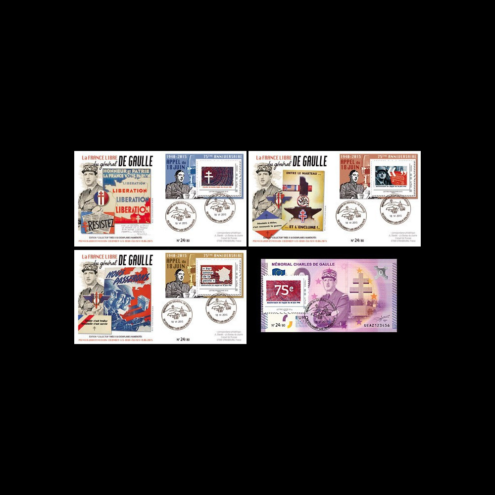 DG15-7/10 : 2015 - 3 FDC + 1 billet souvenir "75 ans Appel du 18 juin - de Gaulle" Série N°3