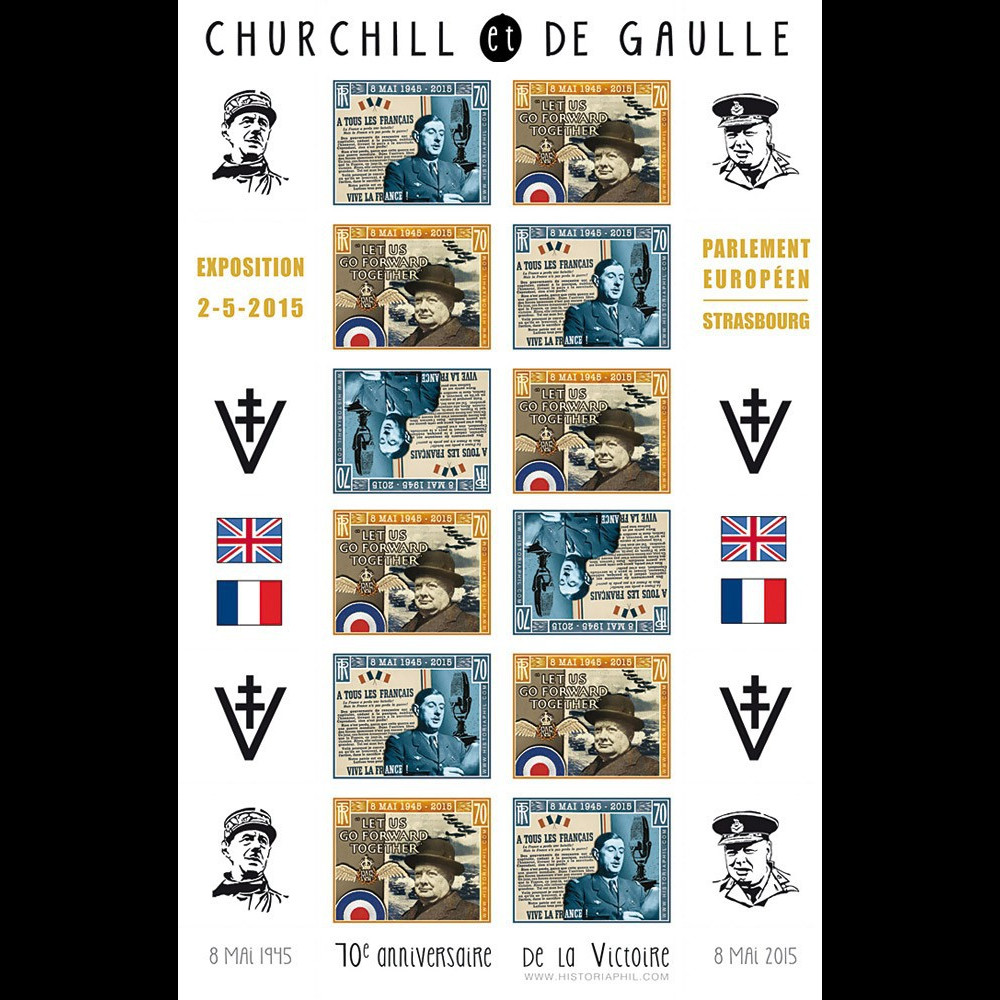 PE676-2FND : 2015 Vignettes patriotiques "Expo CHURCHILL & DE GAULLE - 70 ans Victoire"