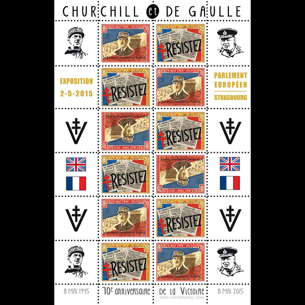 PE676-3FD : 2015 Vignettes patriotiques "Expo CHURCHILL & DE GAULLE - 70 ans Victoire"