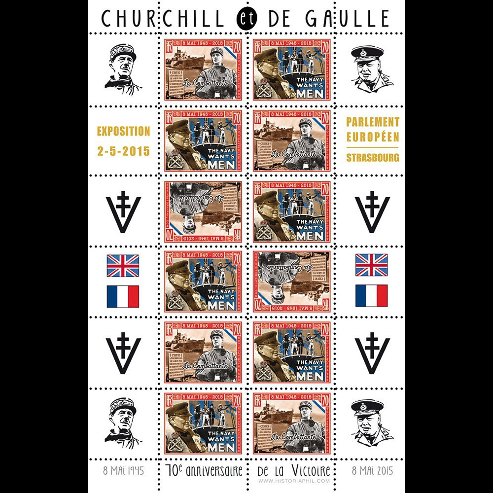 PE676-4FD : 2015 Vignettes patriotiques "Expo CHURCHILL & DE GAULLE - 70 ans Victoire"
