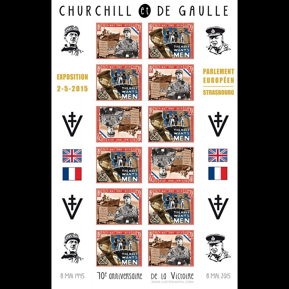 PE676-4FND : 2015 Vignettes patriotiques "Expo CHURCHILL & DE GAULLE - 70 ans Victoire"