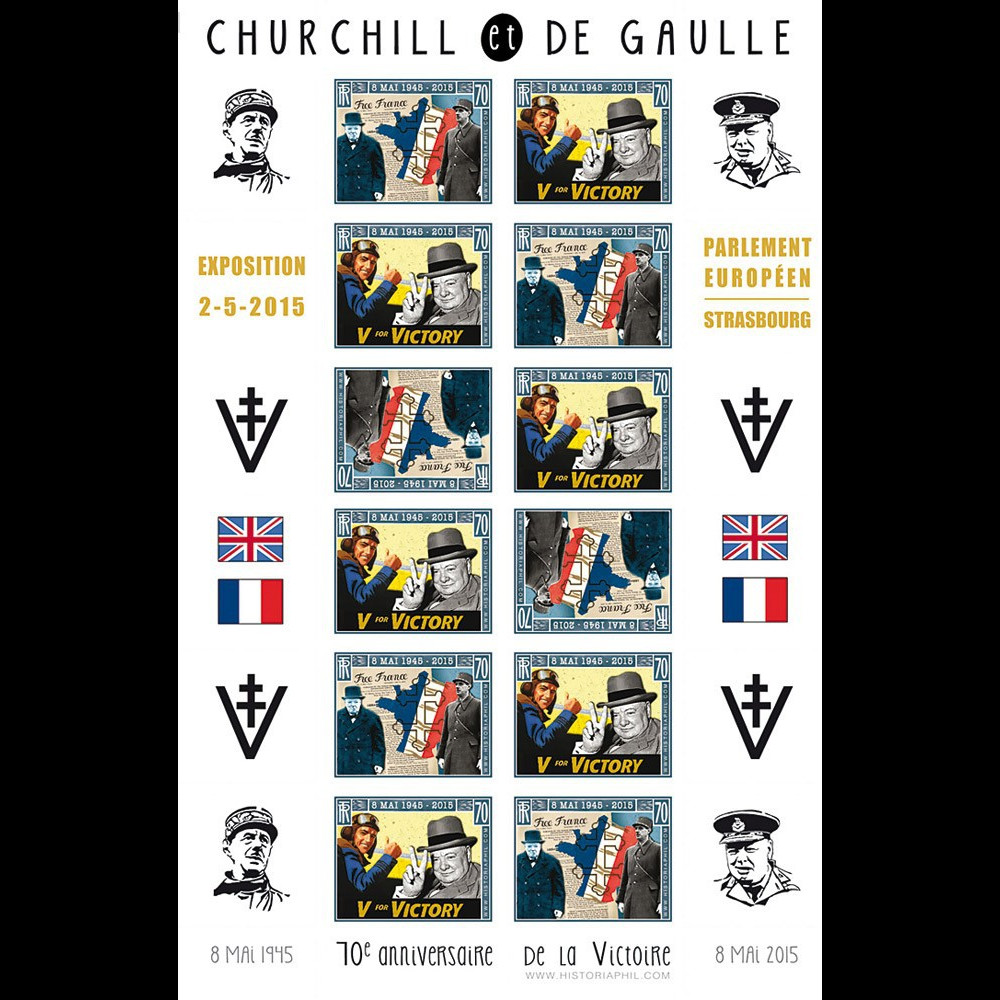 PE676-5FND : 2015 Vignettes patriotiques "Expo CHURCHILL & DE GAULLE - 70 ans Victoire"
