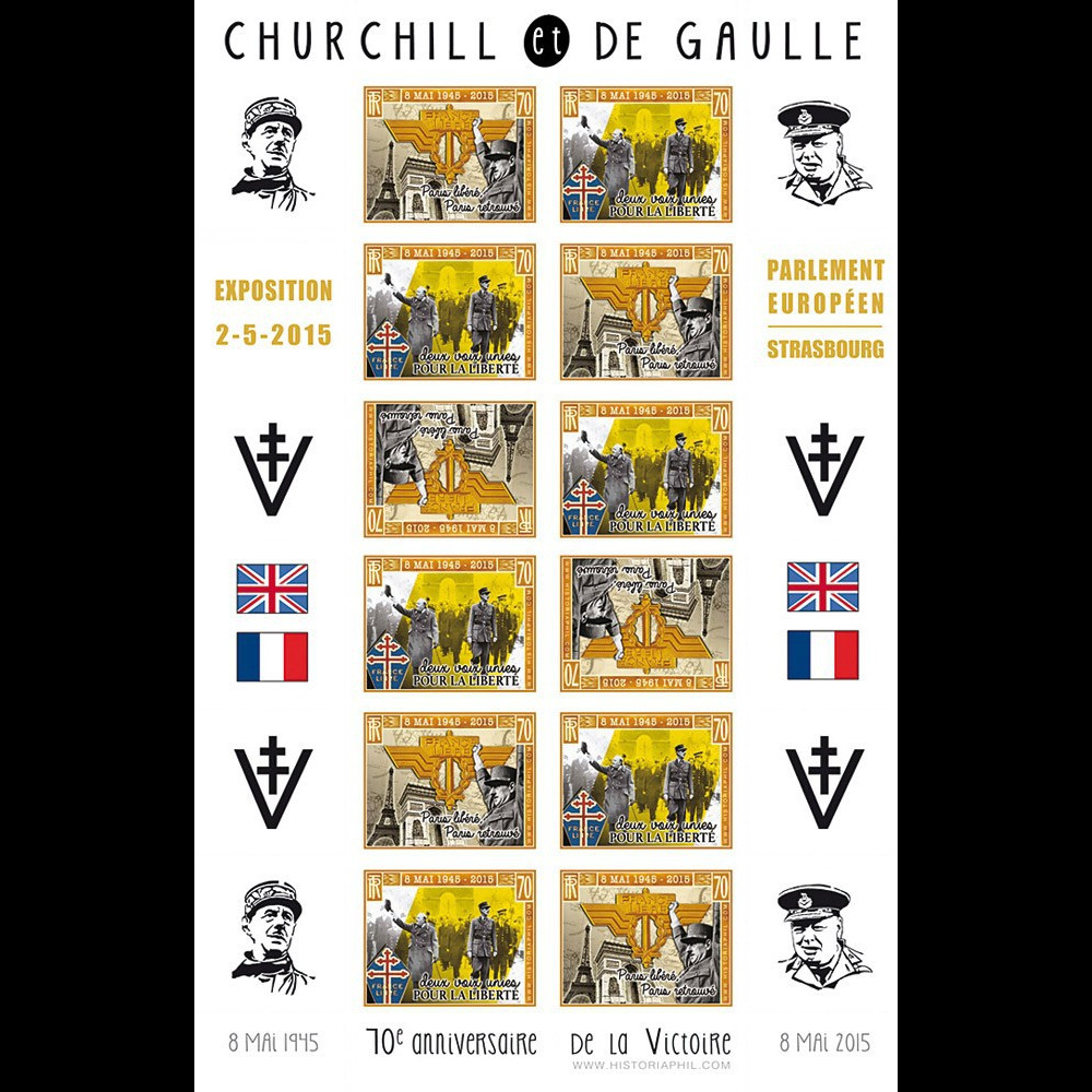PE676-6FND : 2015 Vignettes patriotiques "Expo CHURCHILL & DE GAULLE - 70 ans Victoire"
