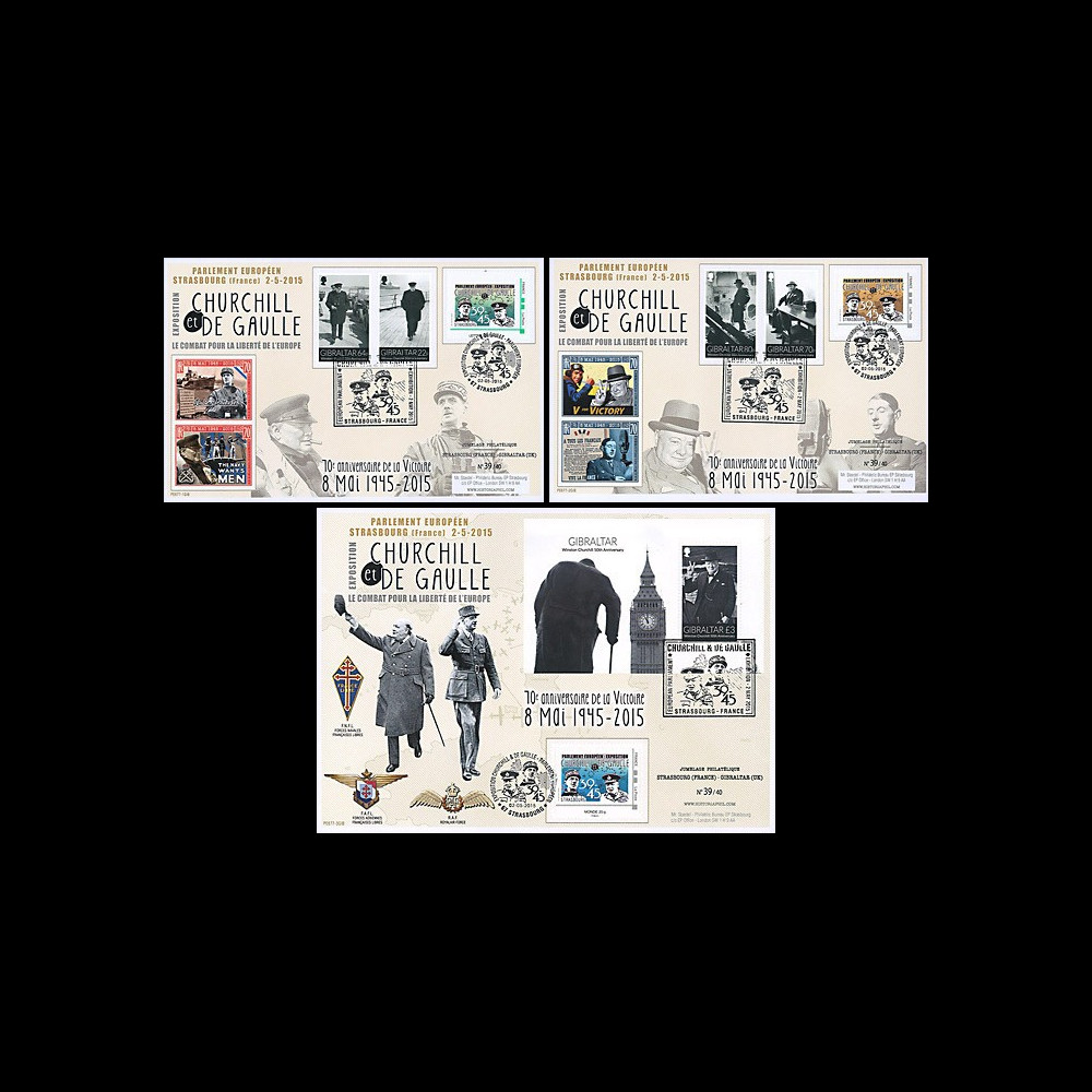 PE677-1/3GIB : 2015 Maxi FDC France-Gibraltar "70 ans Victoire DE GAULLE & CHURCHILL"