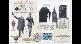 PE677-3GIB : 2015 Maxi FDC FRANCE-GIBRALTAR "70 ans Victoire DE GAULLE & CHURCHILL"