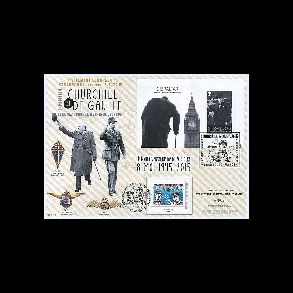 PE677-3GIB : 2015 Maxi FDC FRANCE-GIBRALTAR "70 ans Victoire DE GAULLE & CHURCHILL"