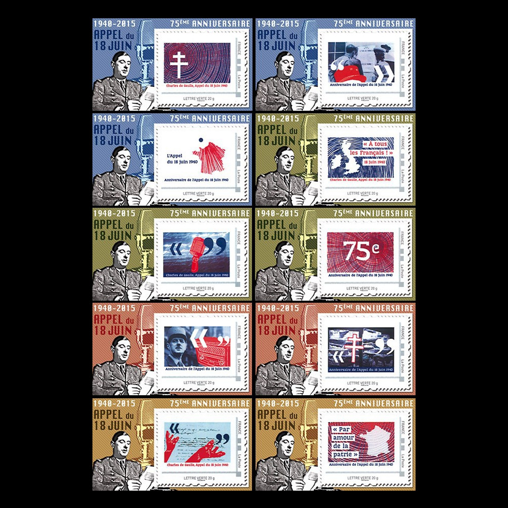 DG15-PT1/10 : 2015 - Série de 10 porte-timbres privés "75 ans Appel 18 juin - de Gaulle"
