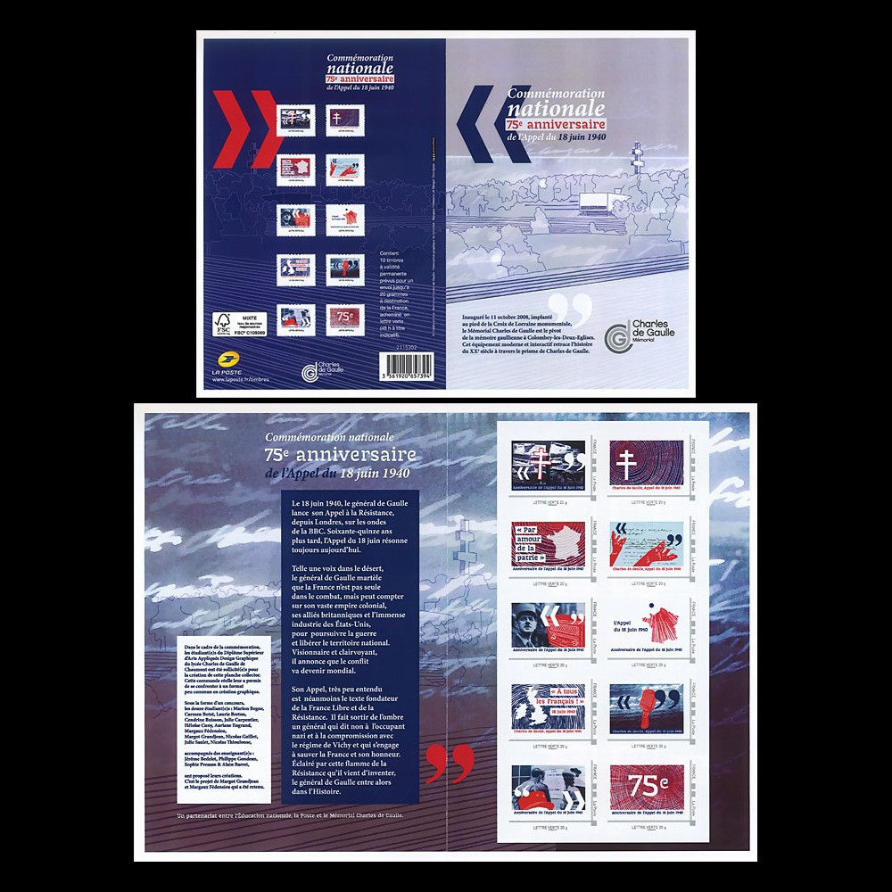 DG15-1C : 2015 - Carnet Collector de 10 timbres perso "75 ans Appel 18 juin - de Gaulle"