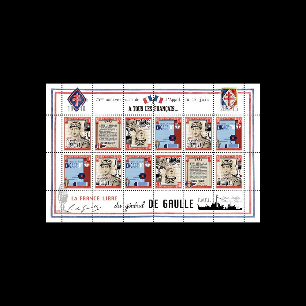 DG15-1FD : 2015 - Feuillet vignettes "75 ans Appel 18 Juin 1940 - DE GAULLE : FNFL / WWII"
