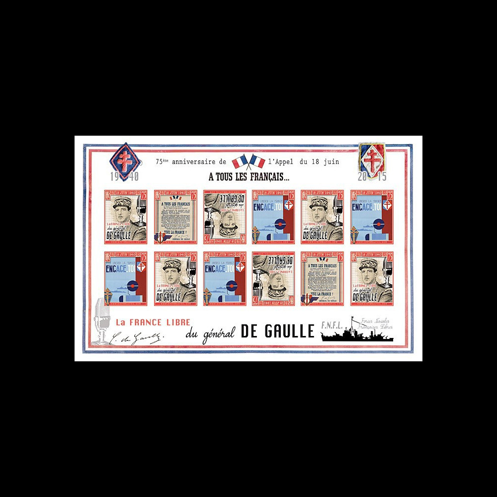 DG15-1FND : 2015 - Feuillet 12 vignettes ND "75 ans Appel 18 Juin 1940 - DE GAULLE : FNFL"
