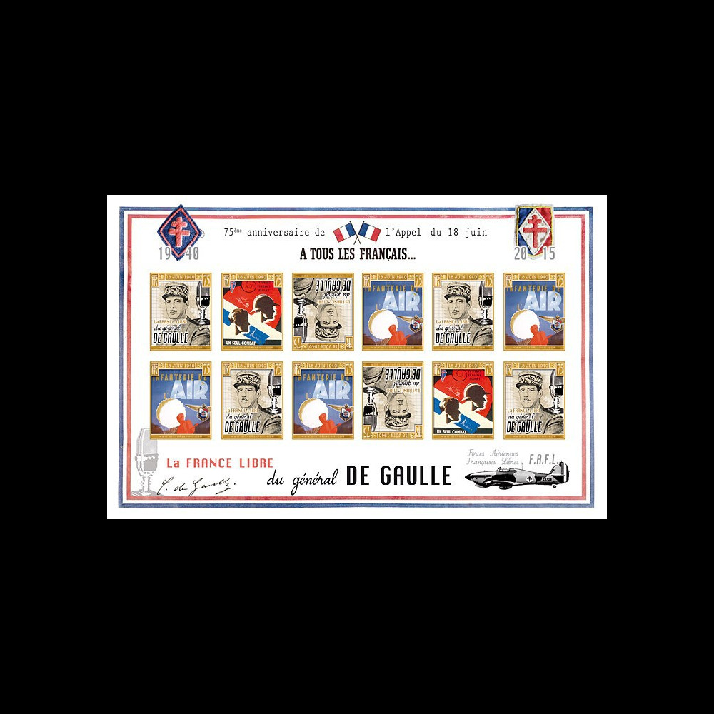 DG15-2FND : 2015 - Feuillet vignettes ND "75 ans Appel 18 Juin 1940 - DE GAULLE : FAFL"