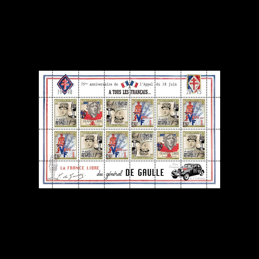 DG15-3FD : 2015 - Feuillet 12 vignettes "75 ans Appel 18 Juin 1940 - DE GAULLE : FFI"