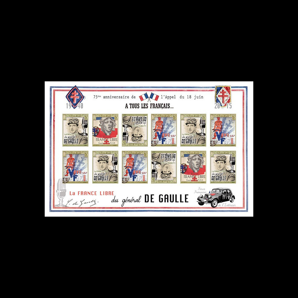 DG15-3FND : 2015 - Feuillet vignettes ND "75 ans Appel 18 Juin 1940 - DE GAULLE : FFI"