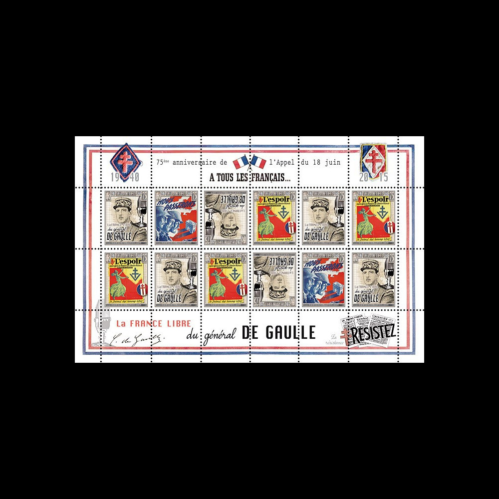 DG15-4FD : 2015 - Feuillet 12 vignettes "75 ans Appel 18 Juin 1940 - DE GAULLE : Résistance"