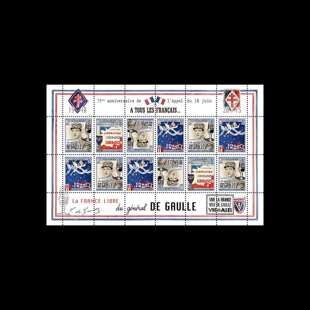 DG15-5FD : 2015 - Feuillet 12 vignettes "75 ans Appel 18 Juin - DE GAULLE : Libération"