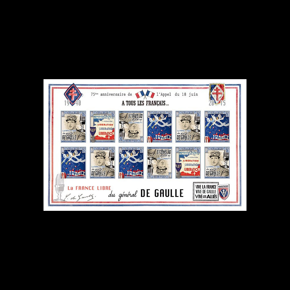 DG15-5FND : 2015 - Feuillet vignettes ND "75 ans Appel 18 Juin - DE GAULLE : Libération"