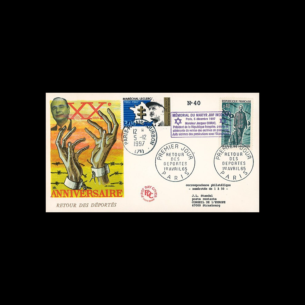 AJ97-65T1 : FDC 1965 "20 ans retour déportés" / 1997 "Chirac au mémorial du martyr juif"