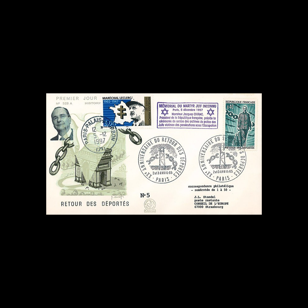 AJ97-65T2 : FDC 1965 "20 ans retour déportés" / 1997 "Chirac au mémorial du martyr juif"