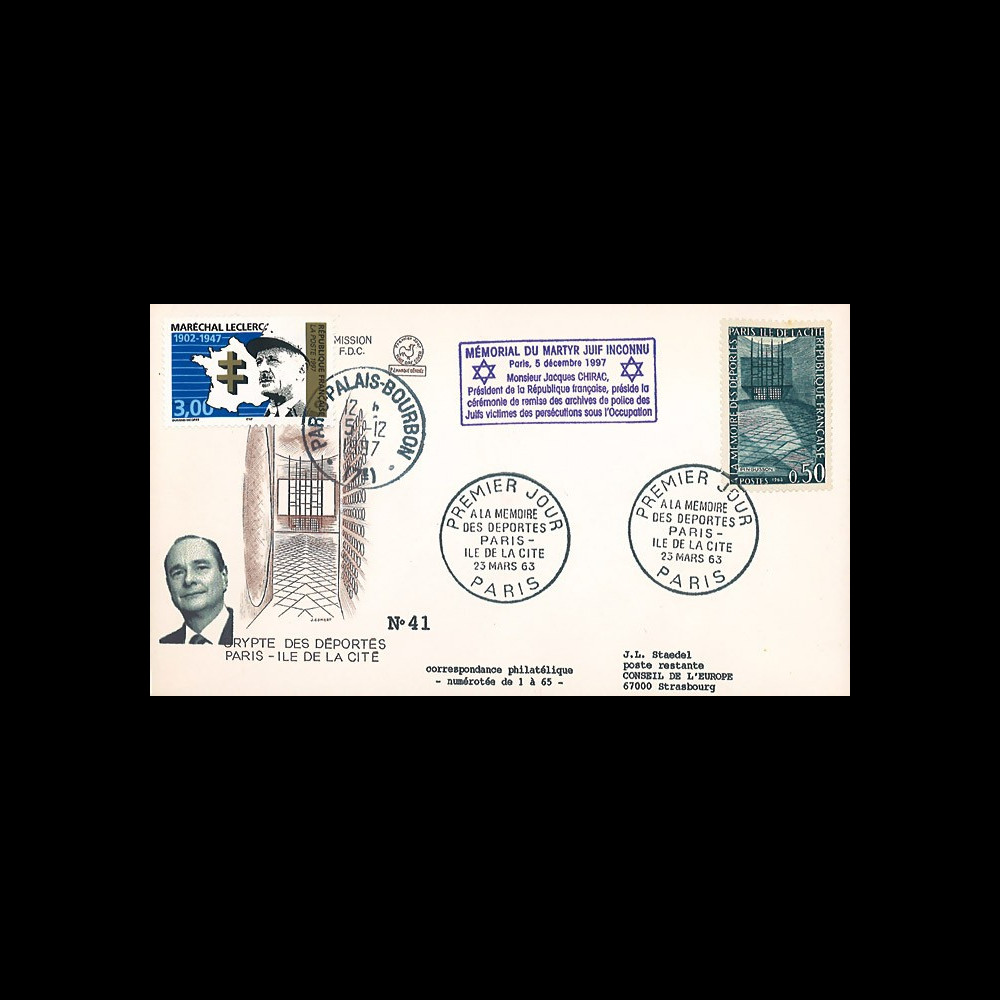 AJ97-63 : FDC 1963 "A la mémoire des déportés" / 1997 "Chirac au mémorial du martyr juif"